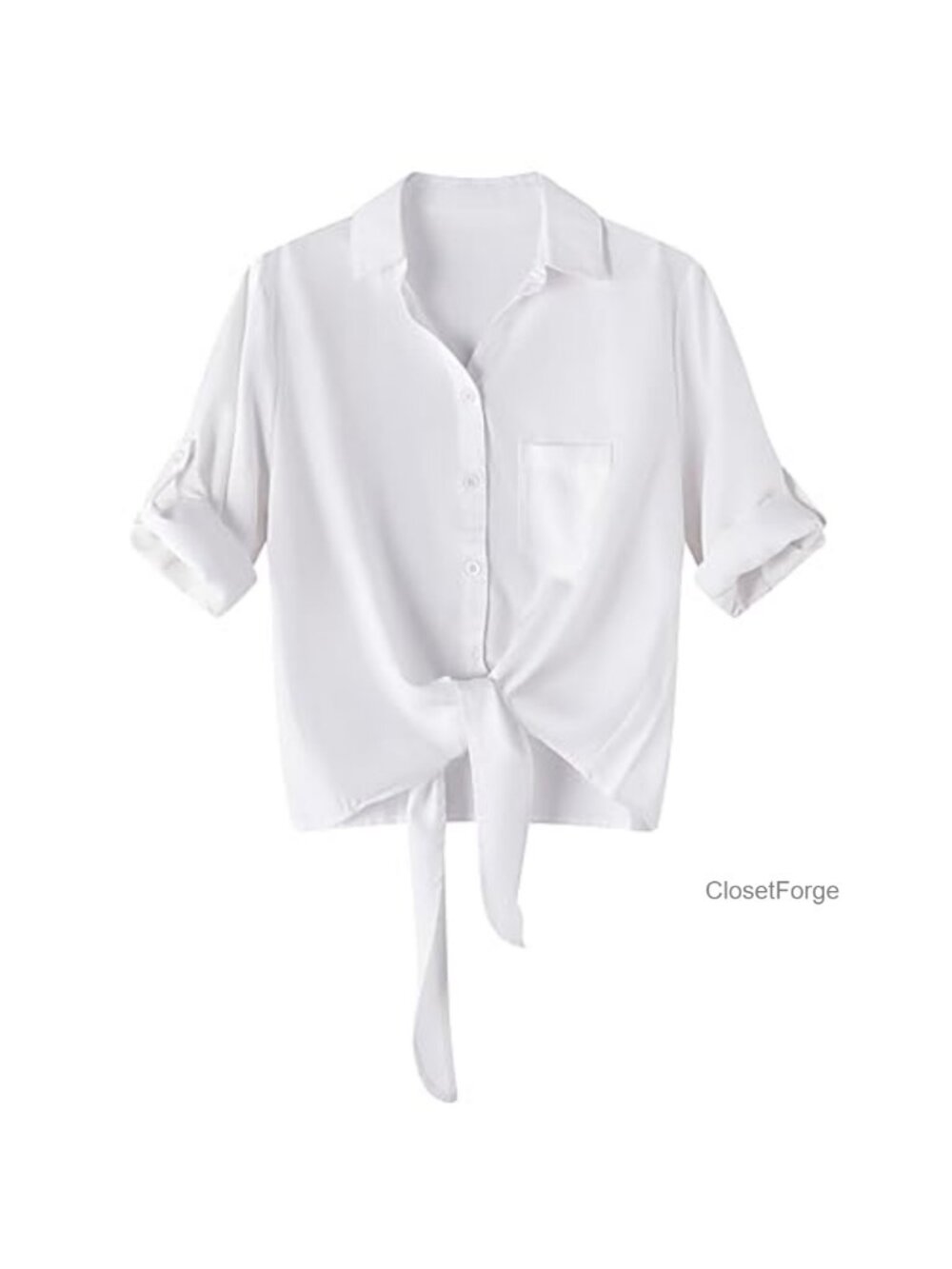 Women's Tie Front Button Down Shirt 3/4 Roll Up Sleeve Lyocell Pocket Blouse